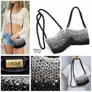 Cache Black Beaded Small Evening Shoulder Purse Handbag Vintage 1980s Handmade